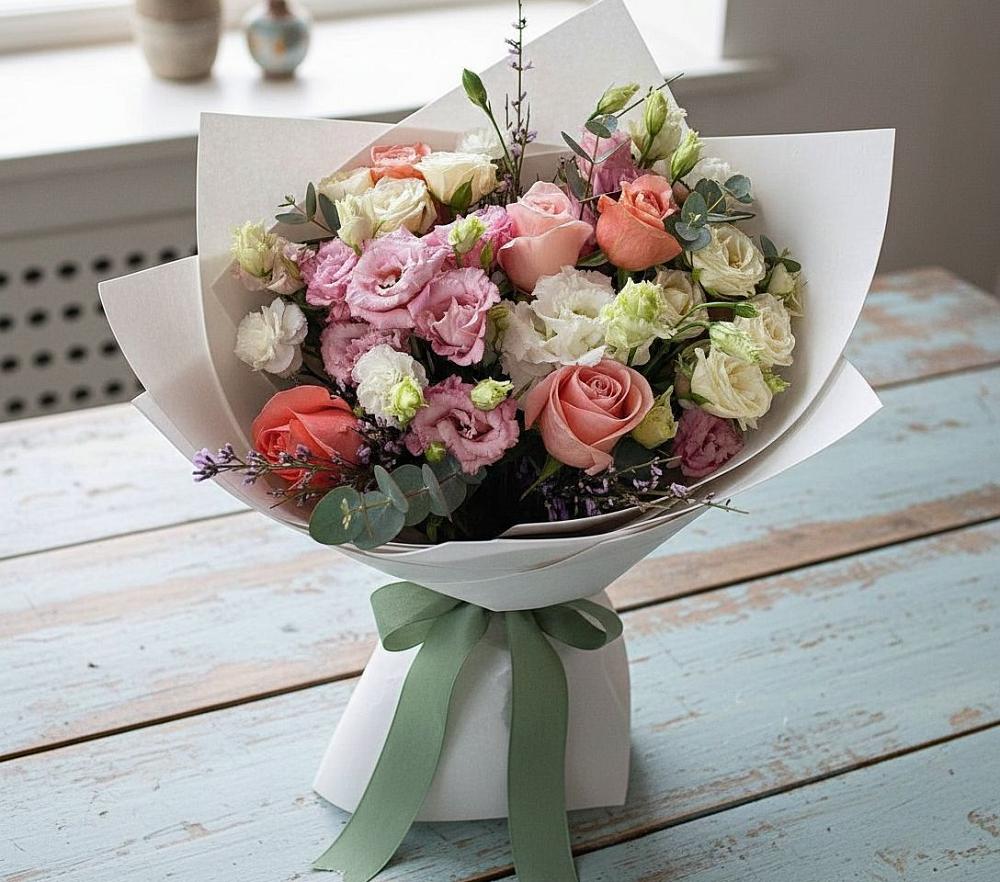 Букет цветов из: Розы, Лизиантусы и Гвоздики в Выгоничи