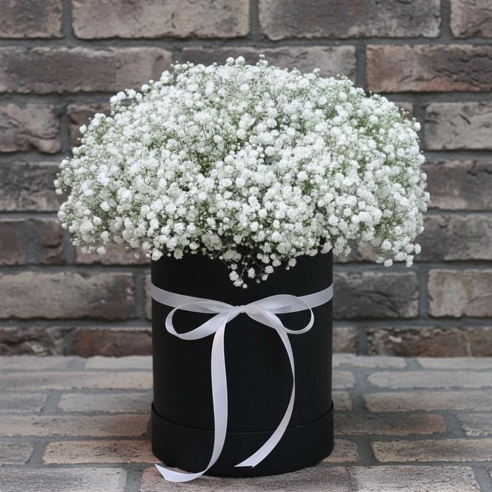 Цветочная композиция из Гипсофила в шляпной коробке в Выгоничи